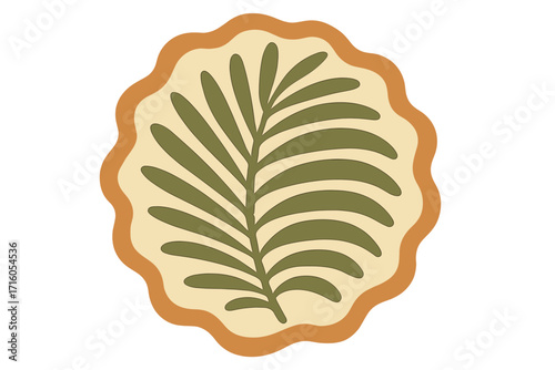 Groovy palm leaf in round wavy frame. Boho floral botanic art print design. Naive vintage hand drawn tropic summer decor illustration. Minimalist flat vector graphic element.