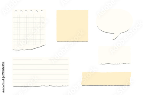 Paper scraps set with torn edges for collage. Ripped checkered and lined notebook pages. Realistic beige notes, white sticker, speech bubble for messages. Vector elements.