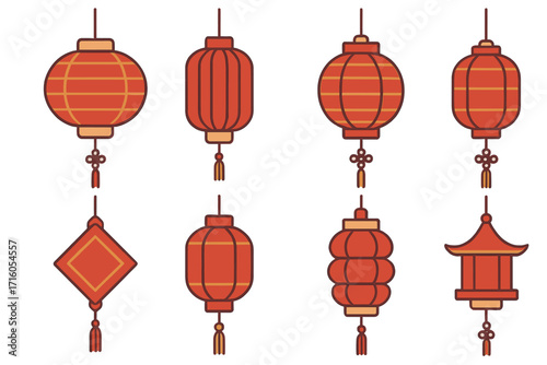 Chinese lanterns set vector collection. Red paper lamps for Mid-Autumn festival and Chinese New Year. Oriental holiday decoration element. Flat geometric minimalist design icon.