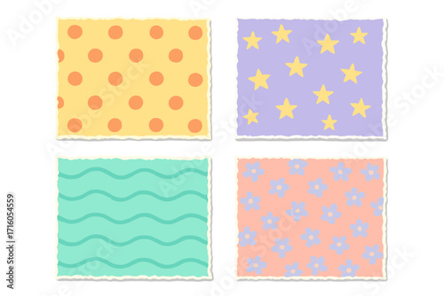 Torn paper frames set with jagged edges for collage and scrapbooking. Colorful kids patterns with polka dots, stars, flowers, and waves. Vintage decorative craft paper templates.