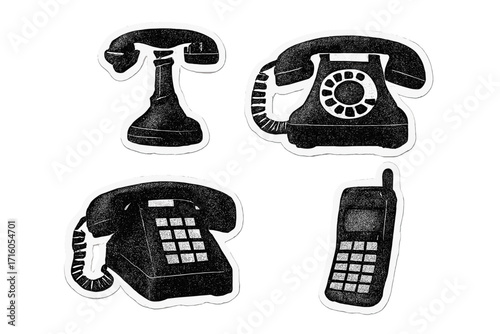 Retro telephone evolution collage set. Halftone vector illustration of phone history with torn paper stickers, dotted textures, and handset cutouts. Nostalgic zine style art.