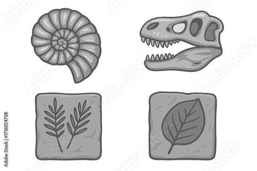 Prehistoric fossil icon set with dinosaur skull, ammonite shell, and ancient leaf imprints. Paleontology and archaeology vector collection. Monochrome artifacts from the past.