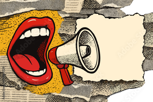 Pop art collage with screaming mouth and megaphone. Halftone newspaper texture. Advertising banner with bullhorn for announcement. Protest or sale concept with copy space.