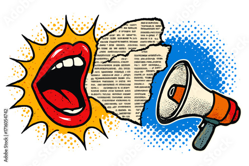 Pop art collage with screaming mouth and megaphone. Halftone newspaper for breaking news, announcement or protest. Concept for advertising, free speech, propaganda and alert.