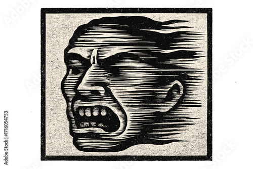 Vintage brutalist illustration of a screaming face with motion blur. Concept for anger, stress, panic attack, mental health crisis. Retro photocopy texture anti-design vector.