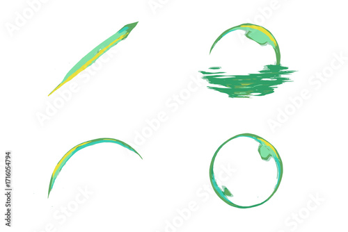 Green light glare and lens flare collection. Abstract rainbow highlights and reflection effect on water. Circle frame and glitter particles for photo overlay or presentation.