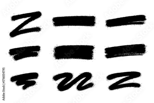 Graffiti spray paint elements set. Grunge street art scribble, stripe, and underline shapes. Hand drawn rough brush stroke texture for urban design. Vector tag marker doodle.