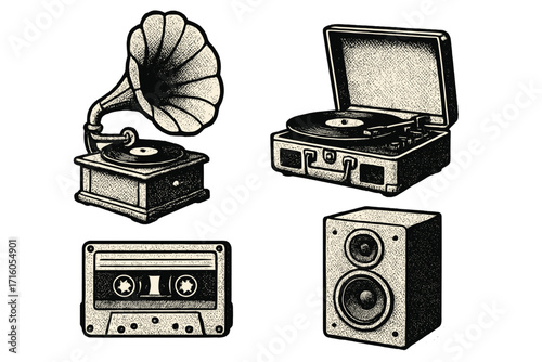 Vintage gramophone & vinyl player set with cassette & speaker. Retro music halftone design. Antique audio equipment collection for record enthusiasts. Old sound technology.