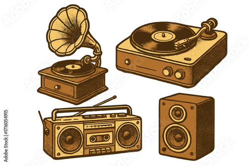 Retro music players set. Vintage gramophone, turntable vinyl player, boombox cassette recorder, and speaker. Halftone dot design audio equipment vector illustration.