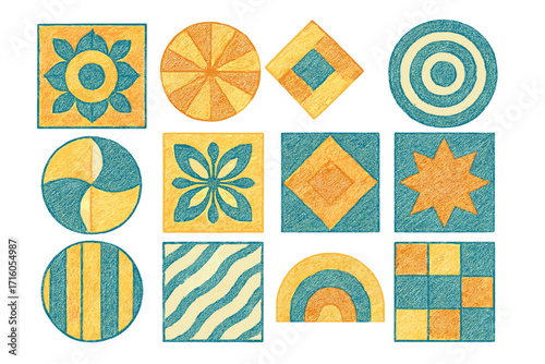 Hand drawn geometric abstract shapes set. Amalfi summer inspired vector illustration. Cute minimalist doodle collection with pencil hatching texture and symmetric circle elements.