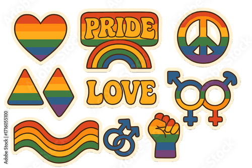 Retro LGBTQ pride sticker set. Groovy 70s style vector collection with rainbow flag colors. Includes love, peace sign, gender symbols, and heart for pride month celebration.