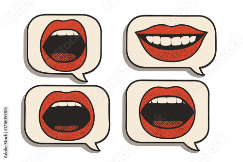 Retro speech bubbles with mouths pop art vector set. Halftone collage style. Female lips smiling, shouting, screaming. Communication, gossip, expression, announcement concept.