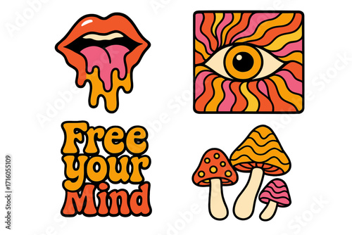 Psychedelic 70s vector sticker set. Groovy retro icons with melting lips, all-seeing eye, magic mushrooms, and 'Free Your Mind' quote. Hippie aesthetic graphics.