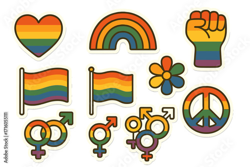 LGBTQ sticker pack with retro pride symbols. Rainbow flag, heart, peace sign, and gender icons. Vector set for pride month, gay parade, and community support celebration.