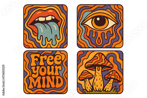 Groovy psychedelic 70s sticker pack. Retro art of melting mouth, dripping eye, magic mushrooms. Free your mind quote. Hippie trippy liquid vector illustration concept set.