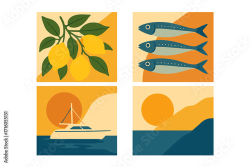Slow life Italia summer vector poster set. Amalfi coast vacation concept with lemon tree, fish, yacht. Contemporary minimalist retro travel graphics for mediterranean decor.