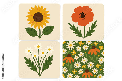Summer flower square cards set. Vintage paper texture background. Hand drawn sunflower, poppy, daisy. Meadow floral pattern. Trendy botanical covers collection. Flat vector.