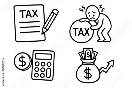 Tax time doodle icon set. Hand-drawn vector concepts of financial burden, tax payment stress, and money management. Includes tax form, calculator, and investment growth symbols.