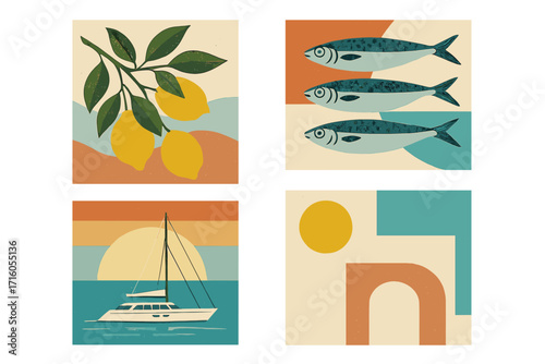 Slow life Italia summer posters set. Vector illustration of lemon tree, sardines, yacht on the sea at sunset. Minimalist geometric backgrounds. Contemporary vintage vibe.