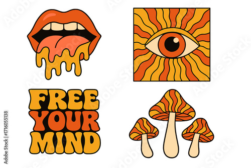 Psychedelic groovy 70s sticker pack with retro melting mouth, trippy eye, magic mushrooms. Free Your Mind quote. Hippie cartoon vector elements for hallucination concept.