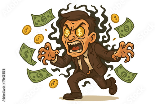 Greedy businessman possessed by money. Cartoon character running for wealth. Metaphor for corruption, capitalism, and financial obsession. Man with dollar eyes. Avarice.