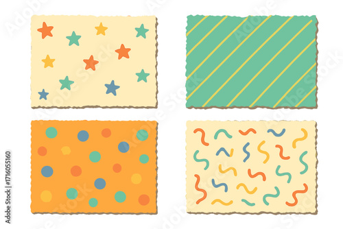 Torn paper frames set with jagged edges. Colorful kids patterns with stars, stripes, and polka dots. Vintage note paper for scrapbook, collage design, and backgrounds. Ripped paper texture.