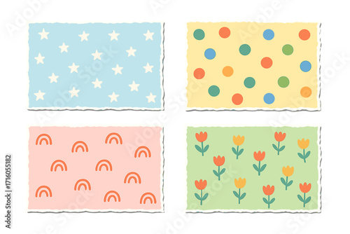 Torn paper frames with jagged edges set. Colorful kids patterns for collage, scrapbooking and design. Vintage paper templates with stars, dots, rainbows, and flowers.