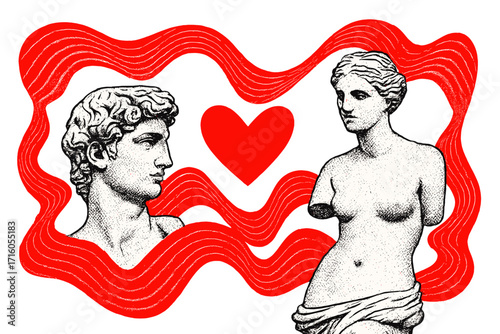 Valentine's Day creative collage with antique Greek god and goddess sculptures. Vector love concept with classic statues, red heart. Modern art design for poster banner.