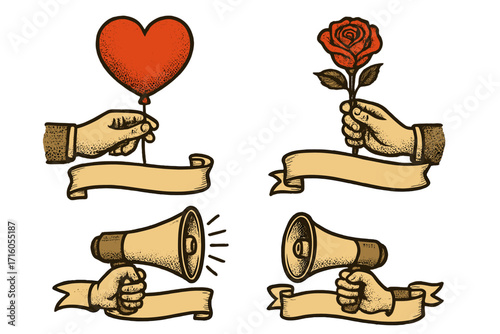 Vintage Valentine's Day banner set. Retro halftone hands holding heart balloon, rose, and megaphone. Vector illustration for romance, love messages, and announcements.
