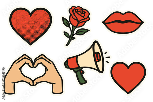 Valentine's Day sticker set with retro love symbols. Pop art collage with paper cut-out heart, rose, lips, megaphone, and hand gesture. Vintage romantic elements collection.