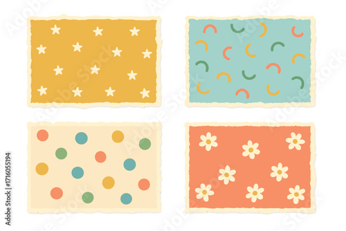 Set of torn paper scraps with jagged edges. Vintage colorful note paper for collage design. Retro scrapbook elements with cute kid-friendly patterns: stars, polka dots, flowers.