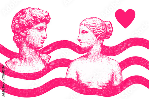 Valentine's Day vector banner with antique greek sculptures in love. Pop art collage with classic statue busts of a man and woman. Contemporary design concept with a heart.