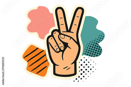 Trendy retro collage with abstract cutout paper patch shapes and hand gesture. Vintage 80s 90s y2k grunge halftone dot pattern. Modern cartoon vector illustration for poster.