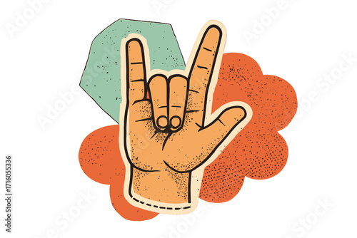 Rock on hand gesture in retro collage style. Horns sign for rock and roll or heavy metal music. Vector illustration with cutout paper effect, grunge halftone texture. Cool trendy patch design.