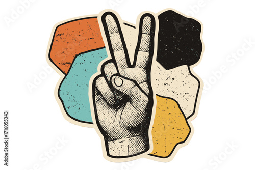Peace hand gesture, victory sign in retro collage style. Groovy 70s vector illustration with cutout paper shapes, grunge texture, halftone dot effect. Hippie freedom symbol.