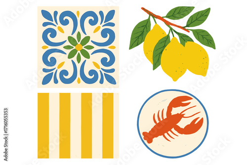 Italian summer vacation on the Amalfi Coast. Vector illustration set with naive art style. Includes Mediterranean majolica tile pattern, lemon tree branch, lobster, and stripes.