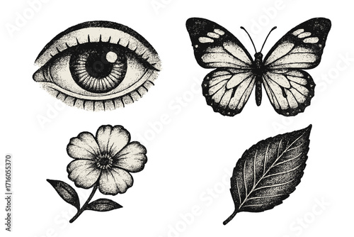 Mystical tattoo elements set with vintage photocopy texture. Esoteric y2k grunge symbols: eye, butterfly, flower, leaf. Realistic vector dotwork stippling illustration.