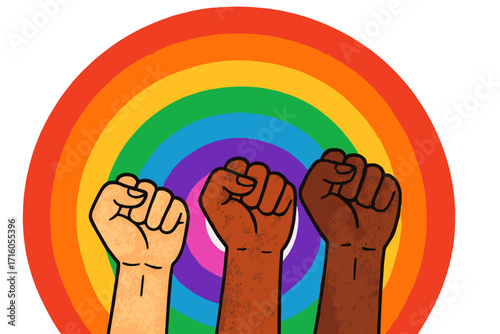 Raised fists on rainbow background. LGBT rights campaign, pride month celebration. Concept of racial equality, diversity, and unity. Black lives matter. Protest vector art.