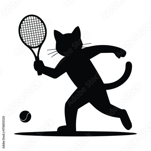 Playful cat playing tennis with a racket and ball silhouette