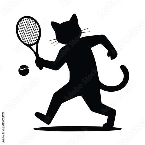 Playful black cat silhouette playing tennis with racket and ball