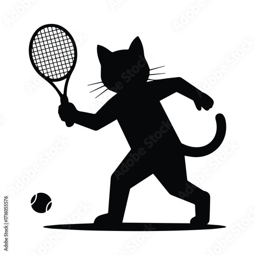 Playful black cat silhouette playing tennis with a racket and ball