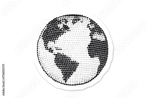 Vector abstract dotted globe sticker. Halftone world map collage element. Torn paper effect earth icon. Planet with North & South America, Europe, Africa. Global travel vector.