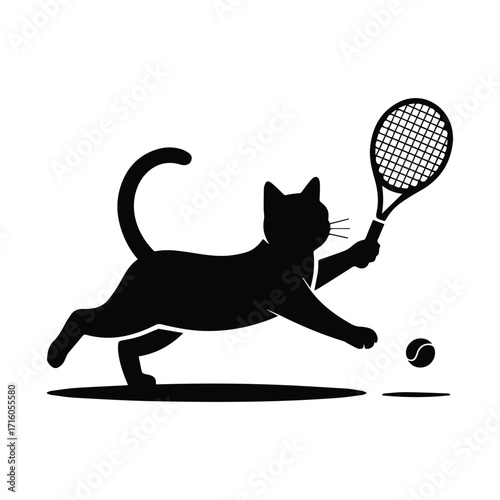 Playful cat in silhouette hitting a tennis ball with a racket