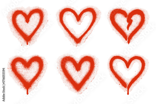 Urban graffiti spray ink hearts set. Valentine's day heart elements collection. Ink graphic leaks and stains. Abstract paint love symbol. Rough grunge texture design element.