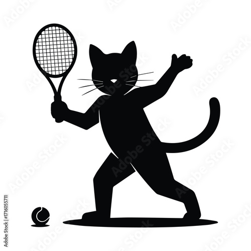 Playful black cat silhouette playing tennis with a racket and ball