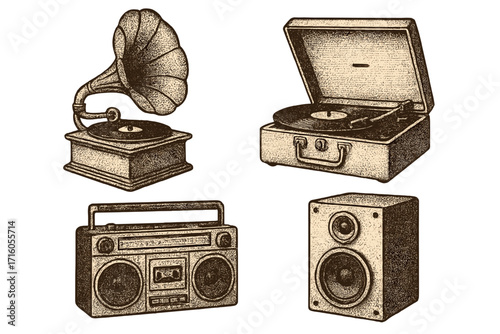 Vintage audio equipment vector set. Gramophone, record player, boombox illustration. Retro music concept. Halftone dot design. Antique phonograph, speaker, and sound system.