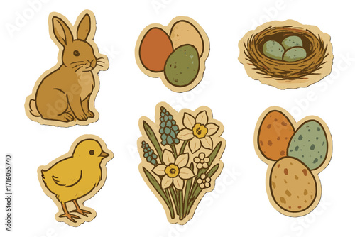Vintage paper collage set of Easter elements. Retro stickers with traditional bunny, chick, eggs, and spring flowers. April holiday artwork with torn paper effect and bird nest vector.