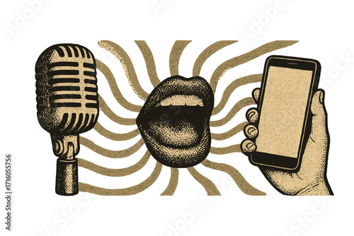 Vintage music halftone collage elements. Retro microphone, singing mouth, hand with phone on groovy background. Dotted vector illustration for podcast or audio stream concept.