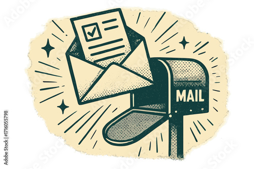 Vote by mail vintage halftone banner concept. Absentee ballot in envelope at mailbox. Distant voting for election. Political campaign. Cartoon vector illustration.