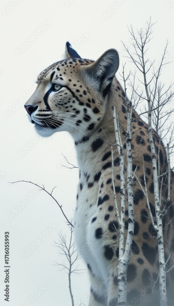 Fototapeta premium Majestic leopard silhouette amidst leafless trees captured in soft lighting, showcasing nature's beauty and the elegance of wild animals in their habitat